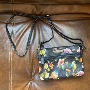Rosetti Anita black and floral/bird Crossbody Bag, Many Compartments, Adjustable